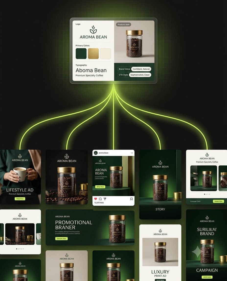 One locked brand kit, colors, logo, typography, and product, feeding a system that generates on-brand assets across formats: lifestyle ad, story, carousel, promotional banner, luxury print ad, and campaign