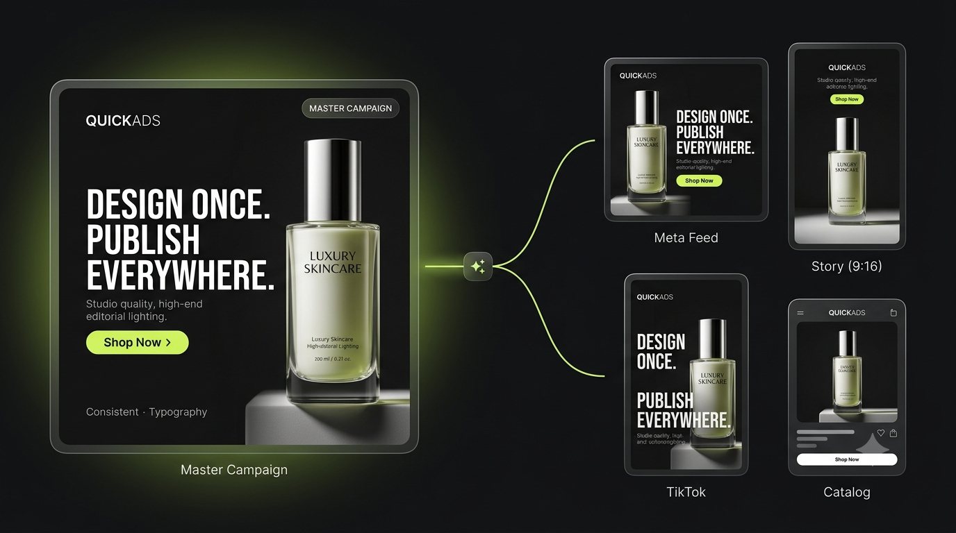 A single master campaign for a luxury skincare brand automatically adapted into Meta Feed, Story 9:16, TikTok, and catalog formats, all sharing one locked brand