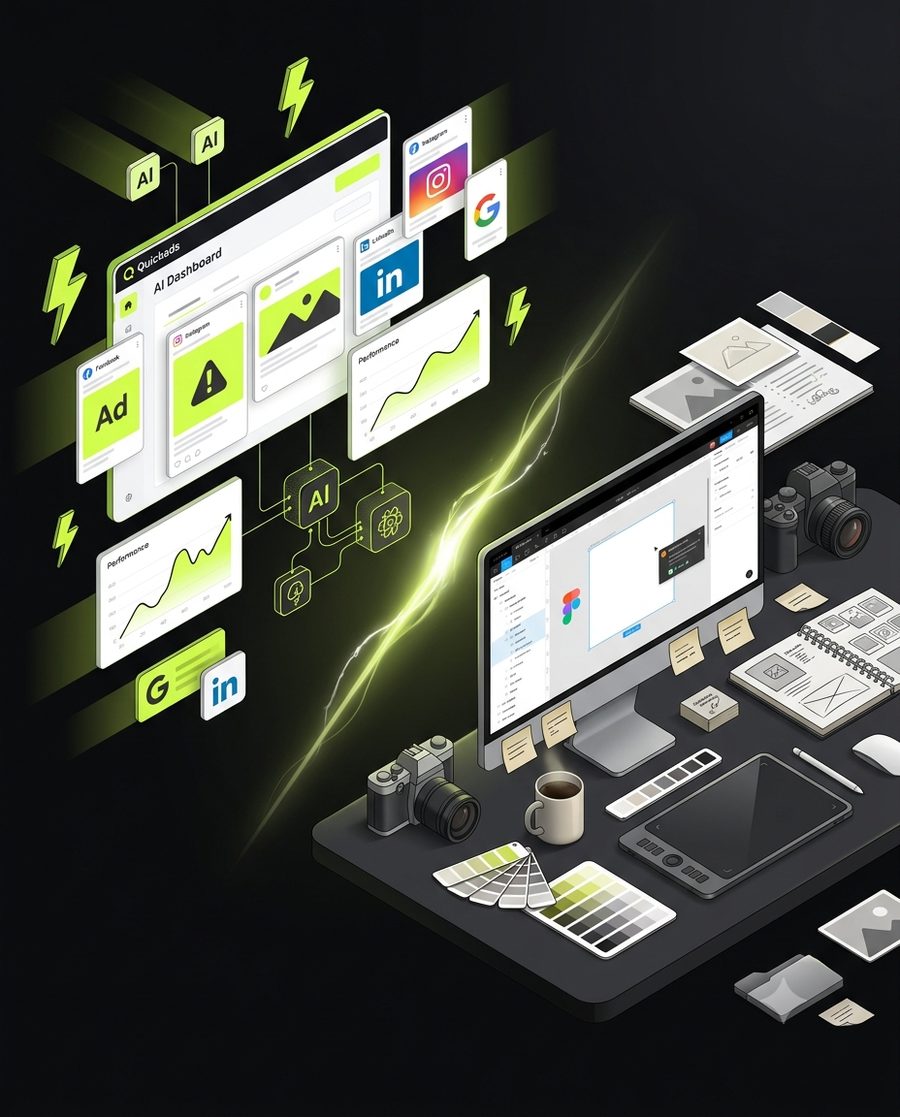 Quickads AI ad-creative platform dashboard producing paid social ads