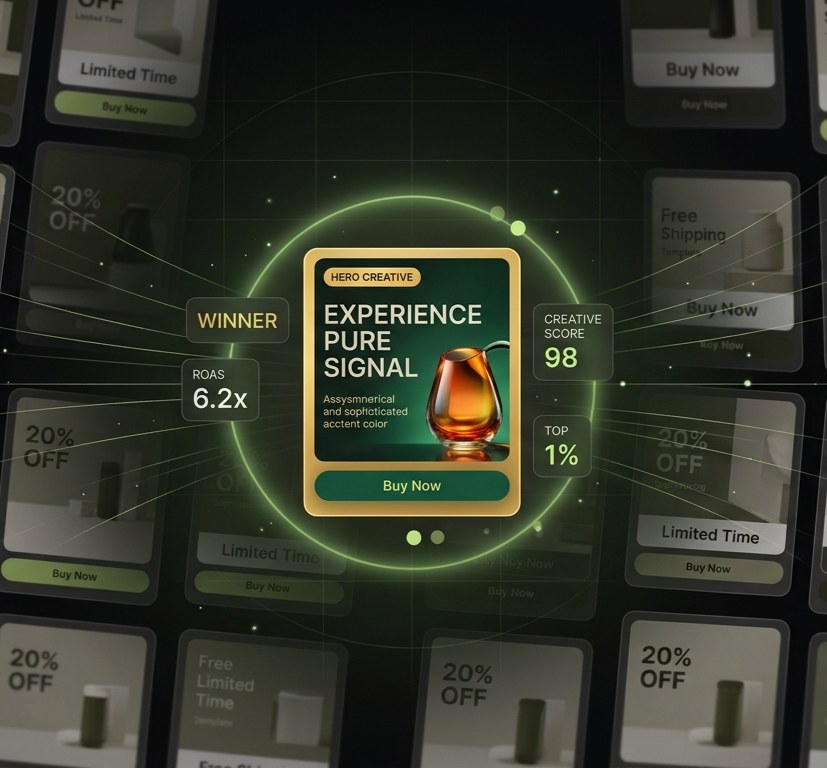 A wall of ad variations with the single distinctive, on-brand creative highlighted