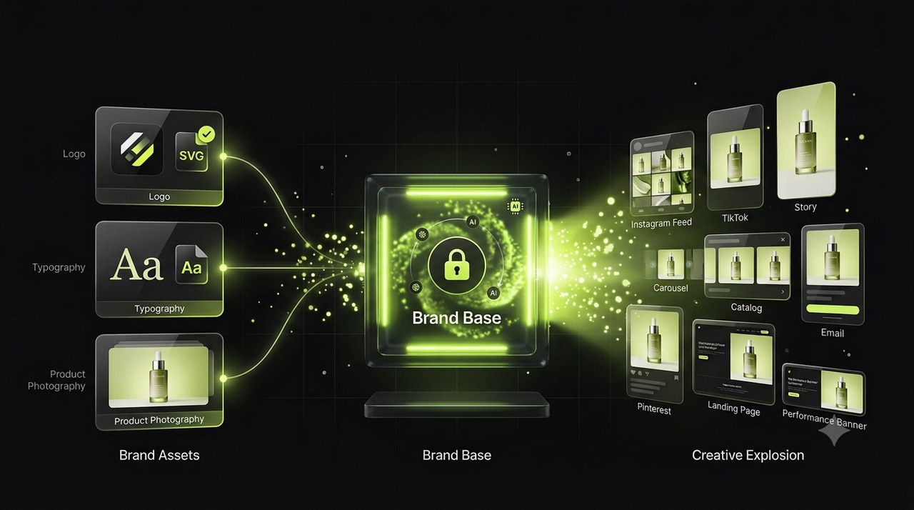 Your assets flow into a locked Quickads brand base, which outputs endless distinctive ads