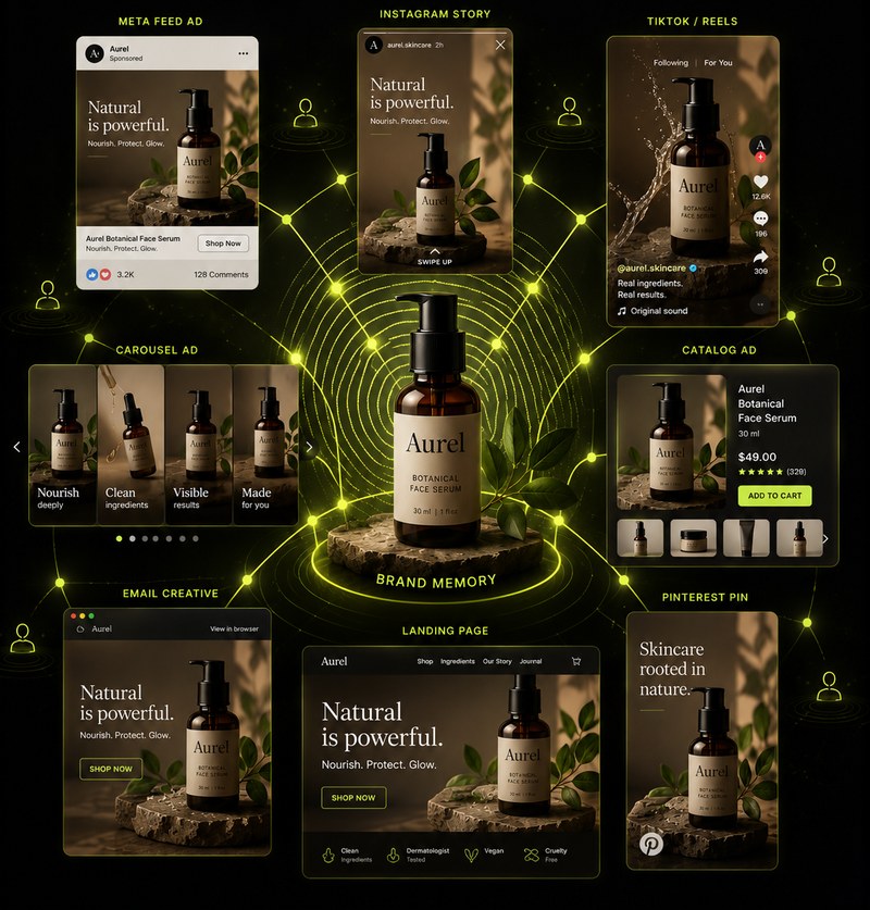 A set of distinctive, consistent ads that build recognition across channels