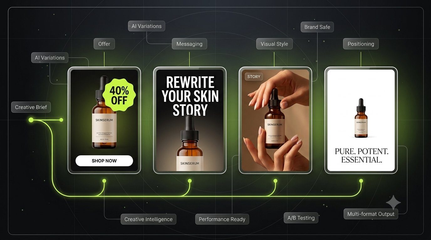 One creative brief for a skincare serum branching into four tested directions: offer-led with a 40% off badge, story-led with a rewritten headline, lifestyle photography with hands, and a minimal positioning-led layout, all feeding into the same AI variation and testing pipeline