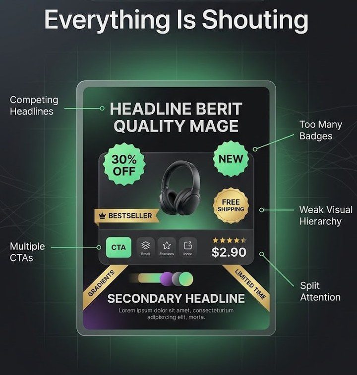Annotated headphones ad titled Everything Is Shouting, showing the problems: competing headlines, too many badges, a weak visual hierarchy, multiple calls to action, and split attention