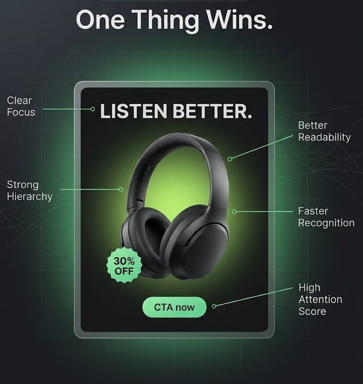 Annotated headphones ad titled One Thing Wins, showing clear focus, strong visual hierarchy, better readability, faster brand recognition, and a high attention score