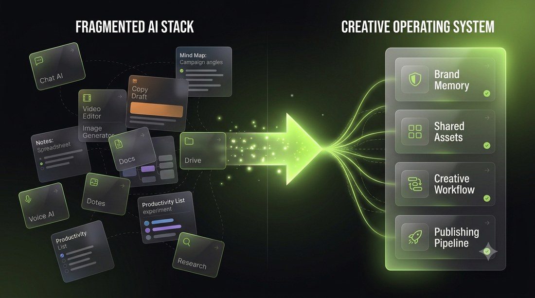 A fragmented AI stack of disconnected chat, video, image, and productivity tools converging into one creative operating system: brand memory, shared assets, creative workflow, and a publishing pipeline.