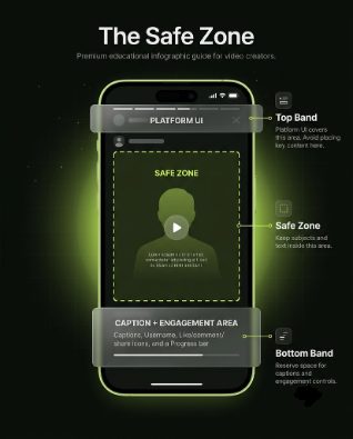 A phone frame showing the top platform UI band, the middle safe zone for subject and text, and the bottom caption and engagement icon band