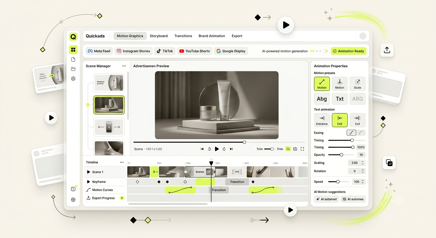 The Quickads motion graphics editor, showing the scene manager, timeline and keyframe controls