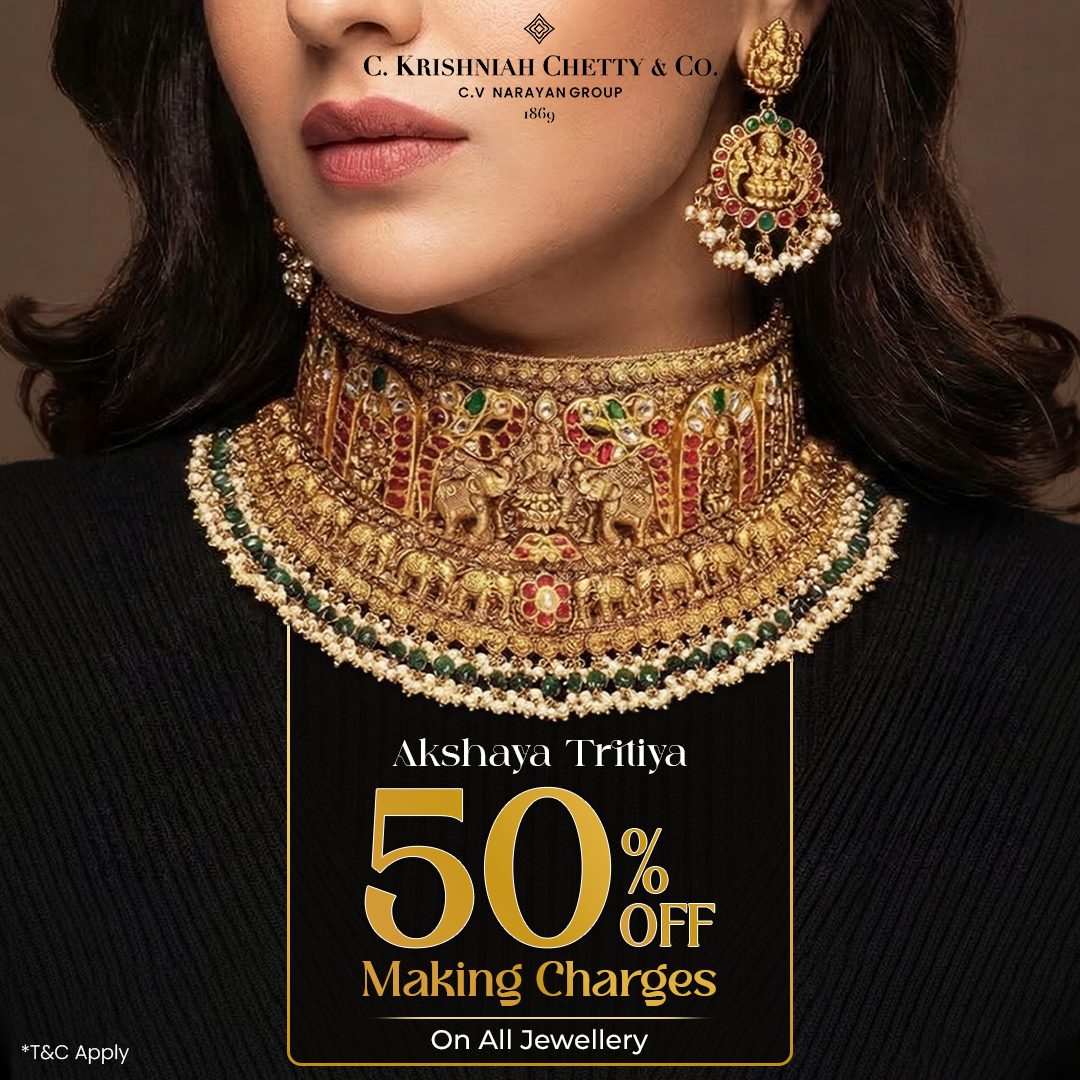 Gold temple choker and matching earrings on a model, with an Akshaya Tritiya offer block reading fifty percent off making charges on all jewellery