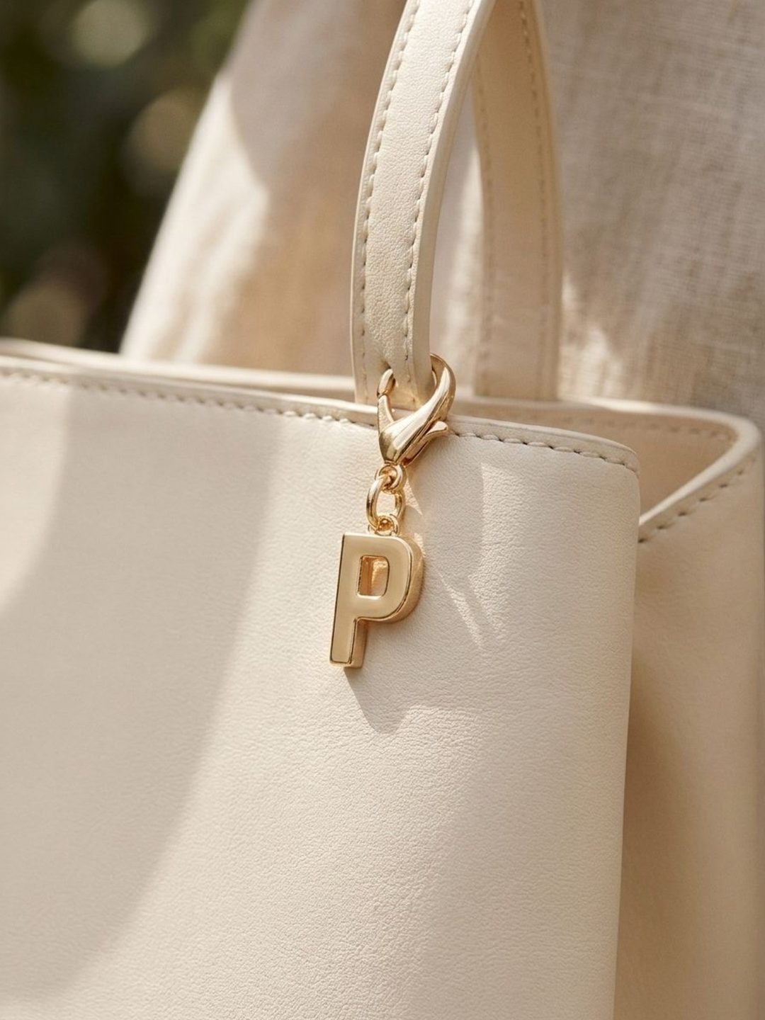 A cream leather tote photographed in daylight with a gold initial charm on the strap, with no text, badge or logo added