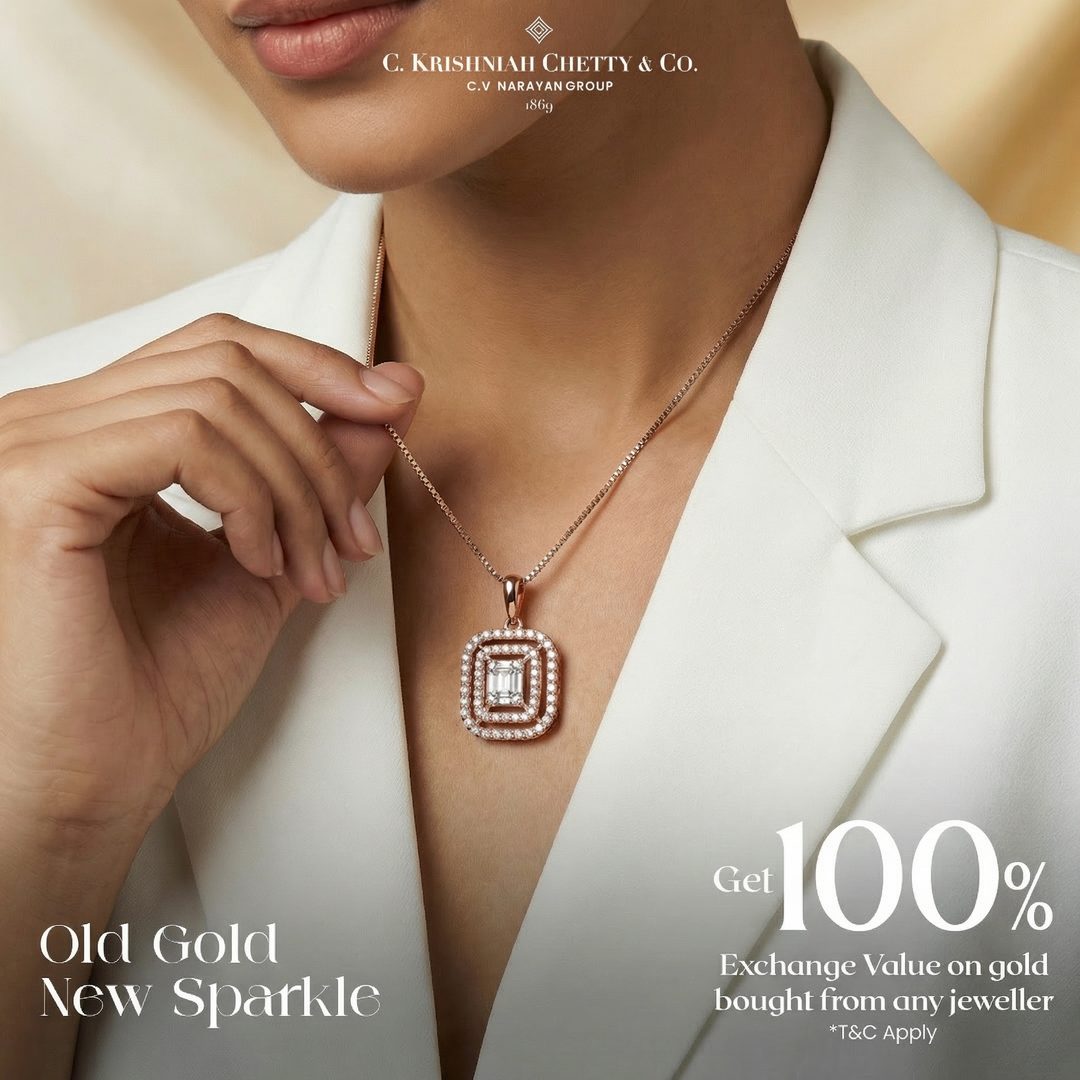 Model wearing a rose gold diamond pendant, with copy reading Old Gold New Sparkle and an offer of one hundred percent exchange value on gold bought from any jeweller
