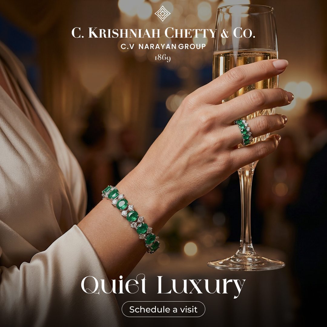 Emerald and diamond bracelet and ring worn at an evening event, with the words Quiet Luxury and a Schedule a visit button placed inside the image