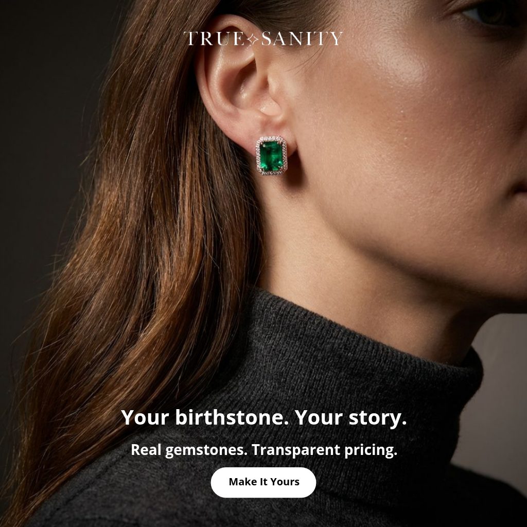 Emerald and diamond stud earring shown in profile on a model, with the lines Your birthstone Your story and Real gemstones Transparent pricing above a Make It Yours button