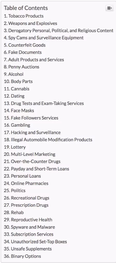 Prohibited List Meta Ad Compliance - Quickads