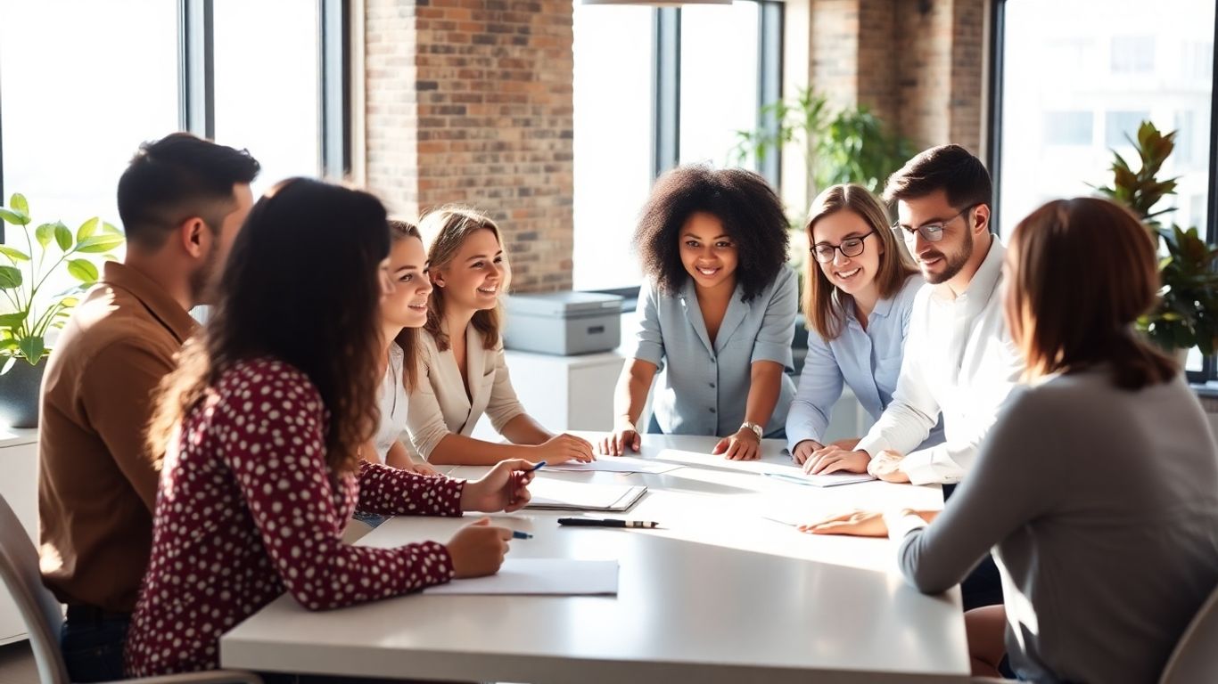 Team collaborating in a bright, modern office.