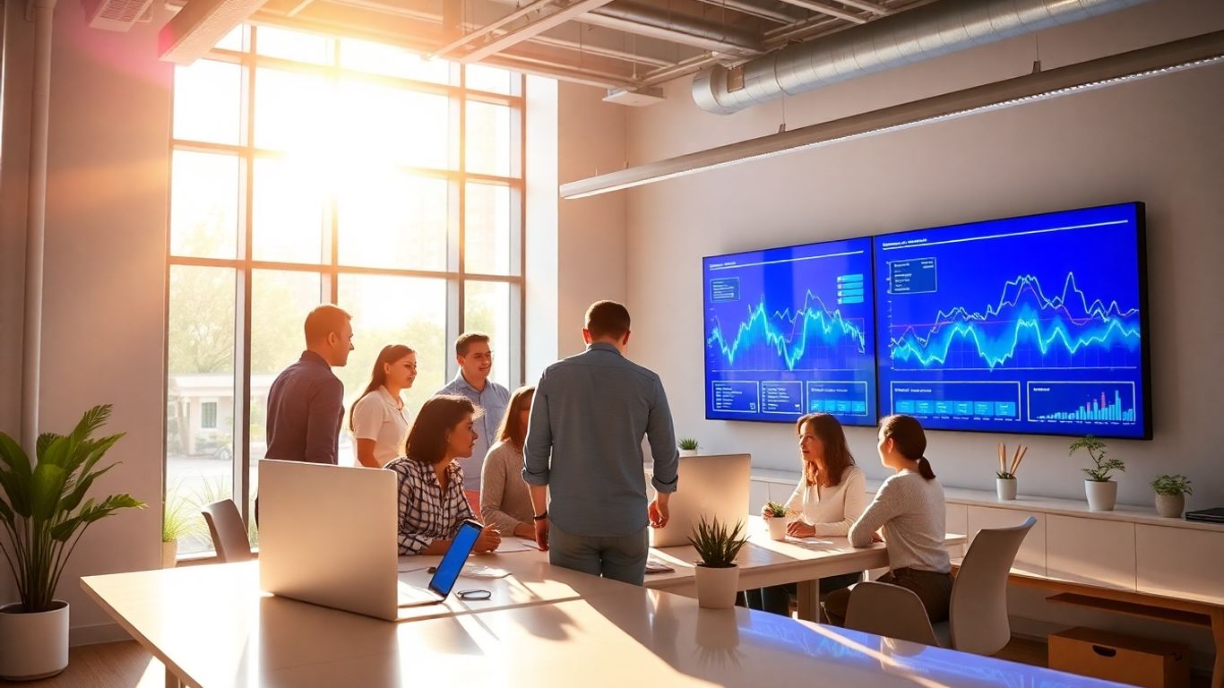 Ecommerce PPC services team collaborating in modern office.