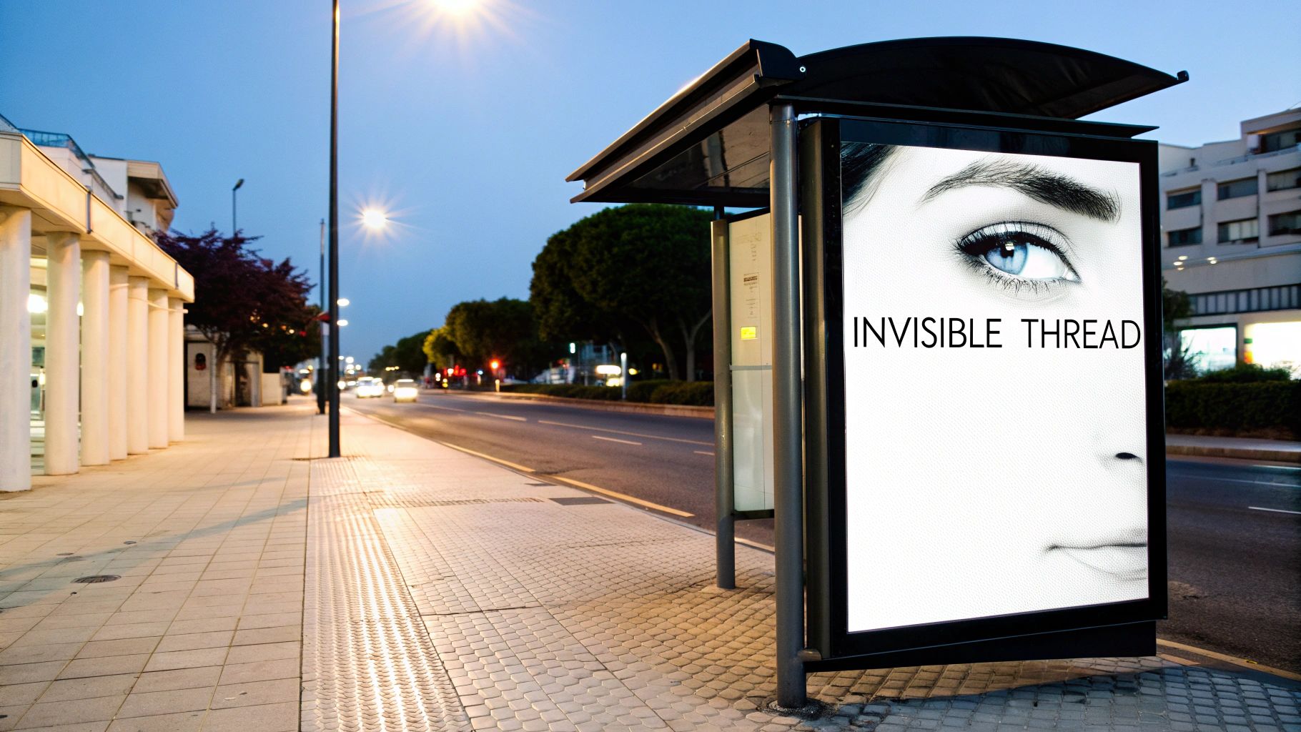 A person's head with abstract shapes and advertising icons flowing out, representing thoughts and influences.