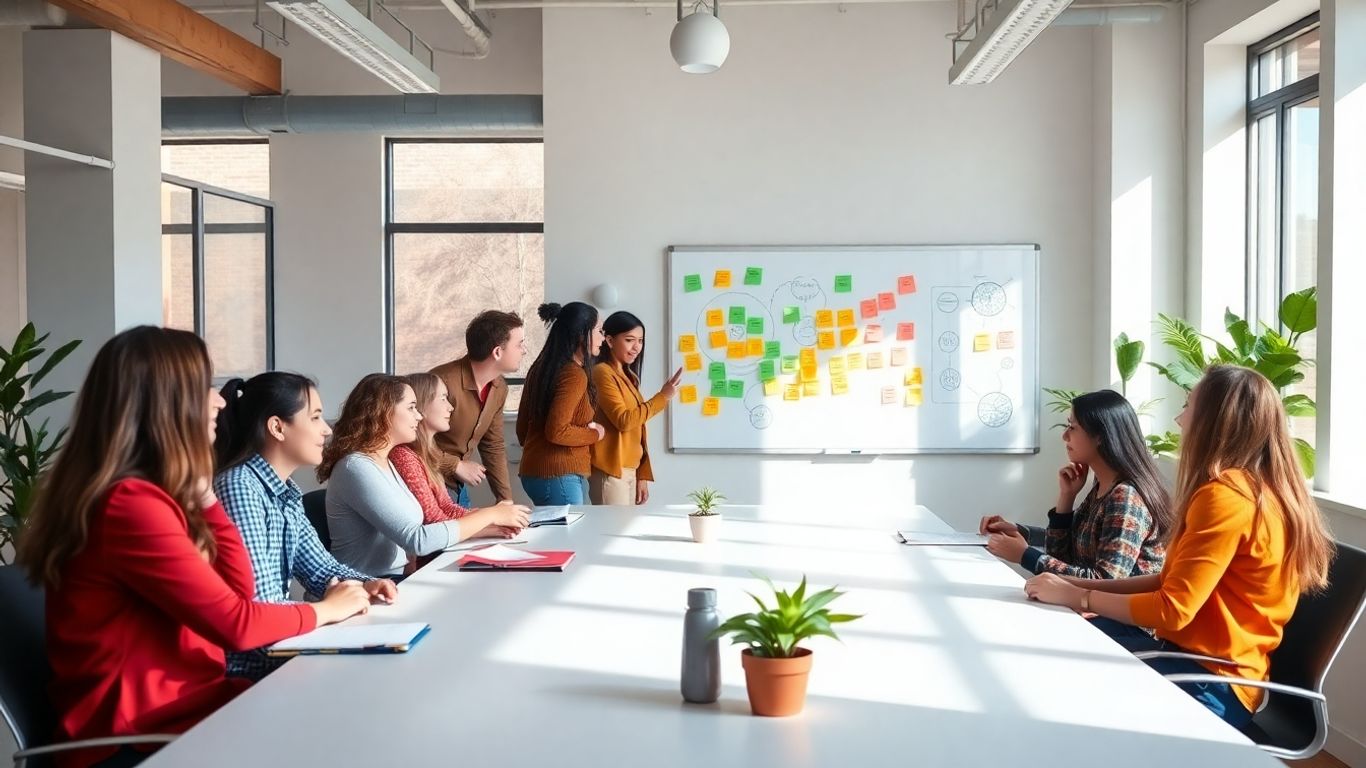 Startup team collaborating in a bright, modern office.