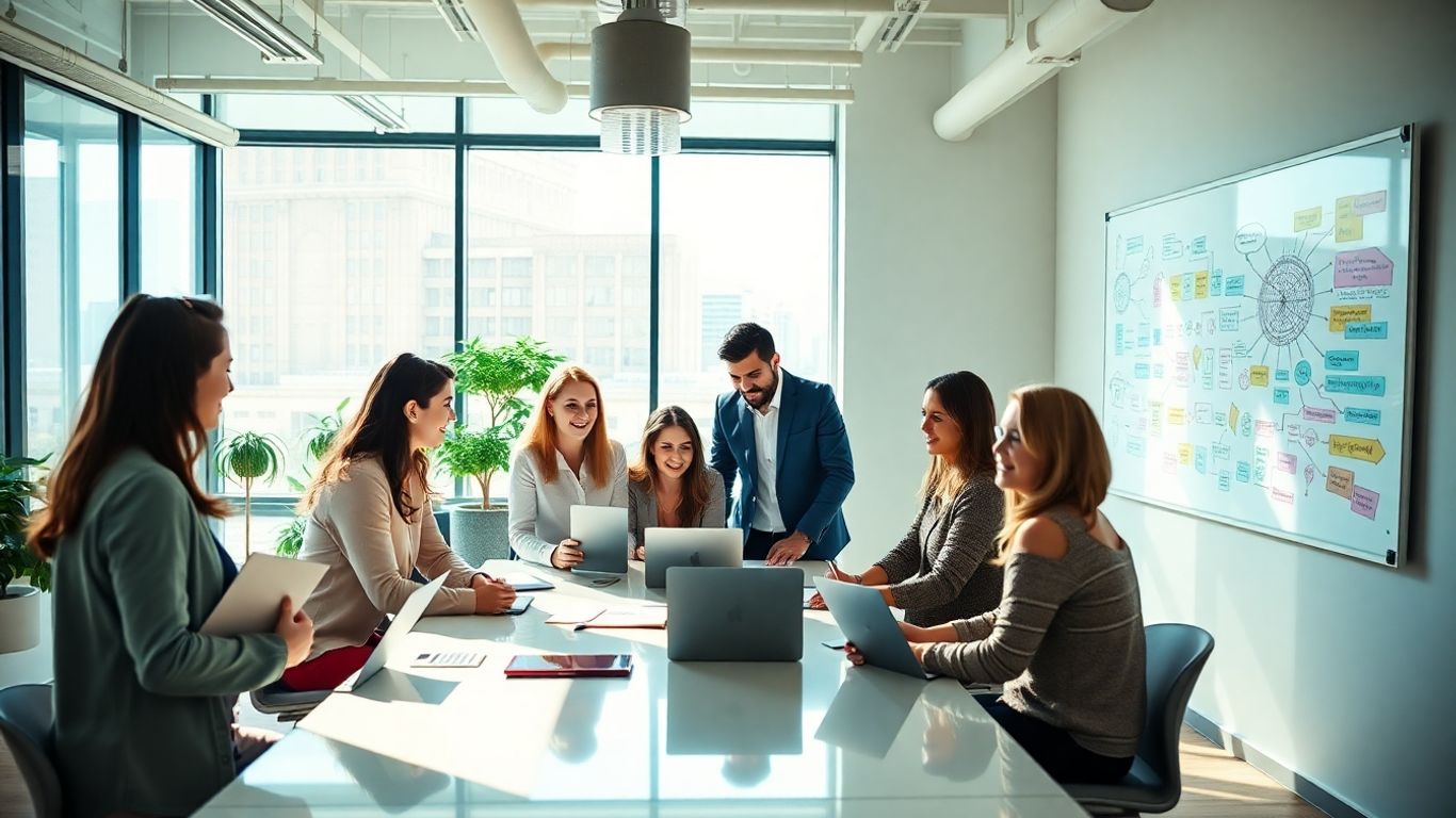 Startup team collaborating in a bright, modern office.