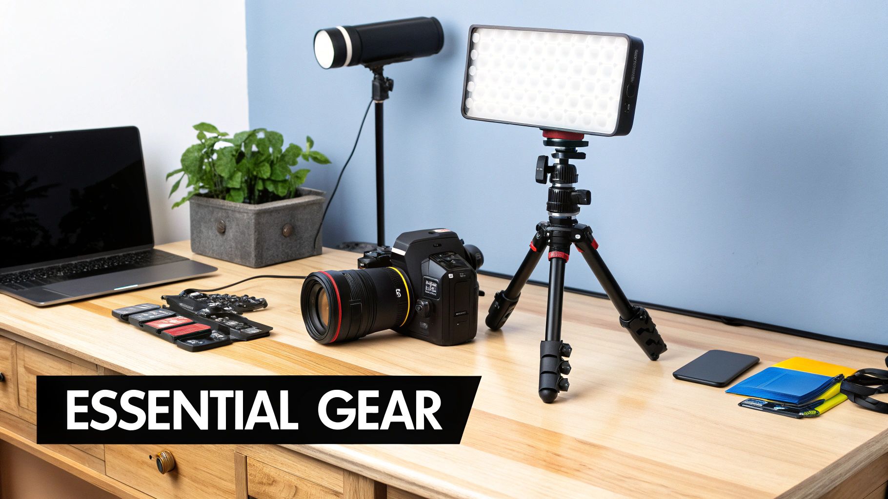 A collection of video production gear including a camera, microphone, and lighting arranged on a desk.