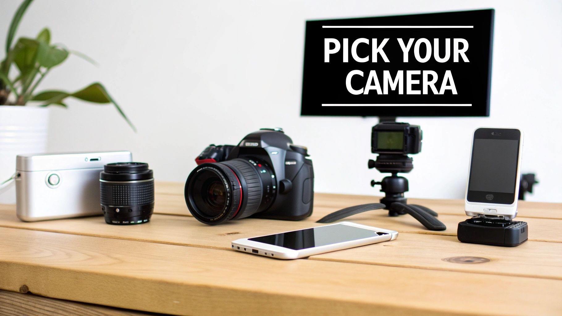 A person holding a modern digital camera, ready to film content.