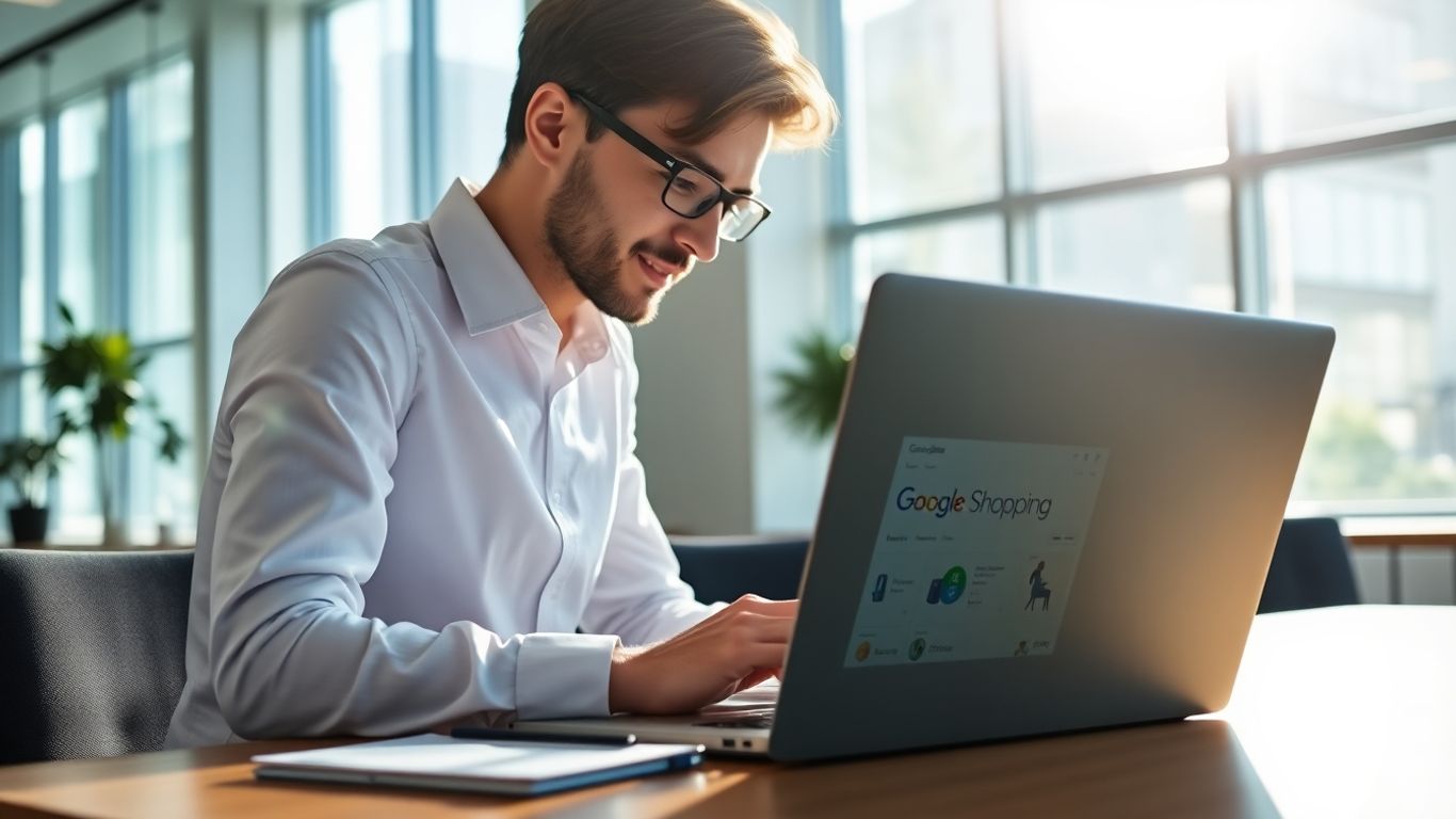 Person using Google Shopping ads on a laptop.
