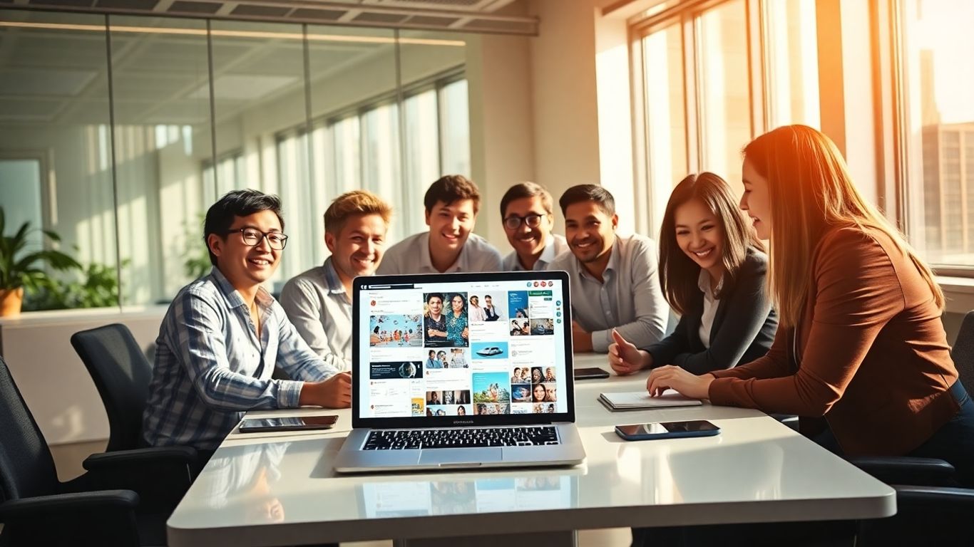 Team collaborating on business growth with Facebook ads.