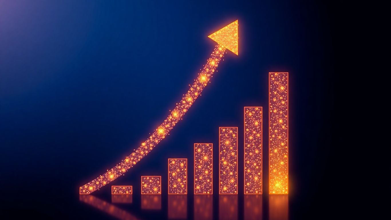 Business growth arrow with digital data streams.