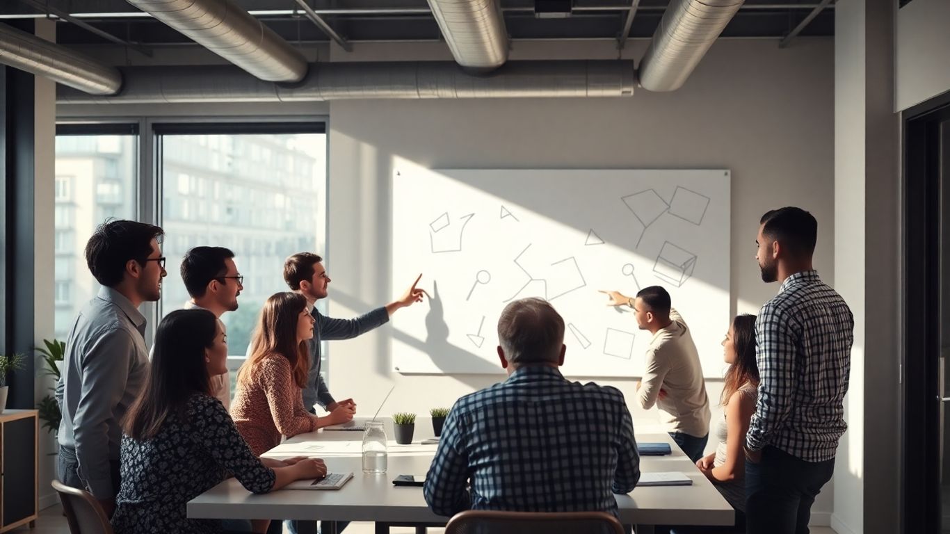 Team collaborating in a bright office, discussing ideas.