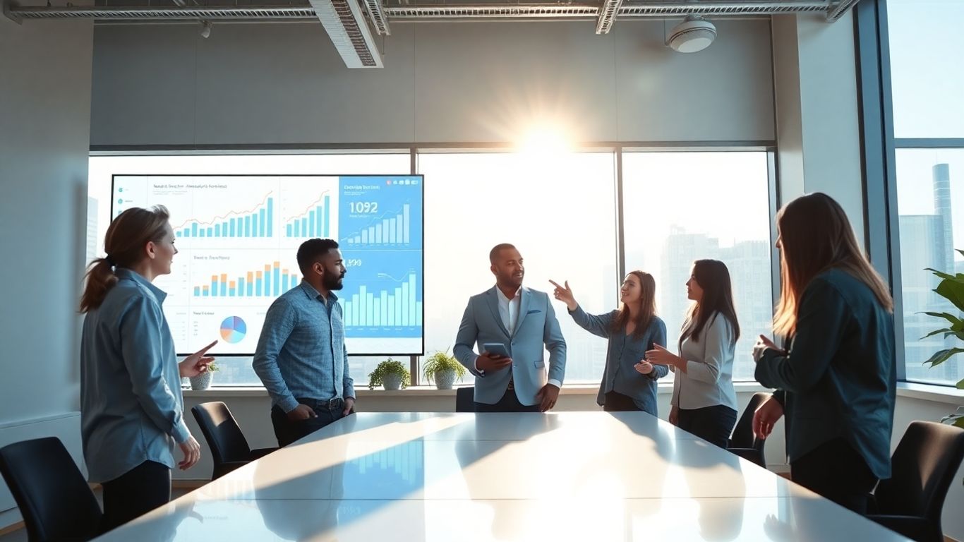 Team collaborating on growth strategies with digital screens.