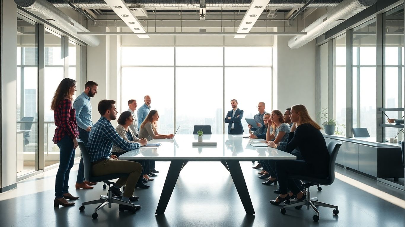 Team collaborating in a bright, modern office.