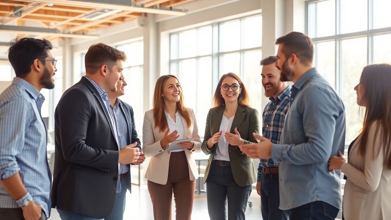 Team collaborating in a bright, modern office space.