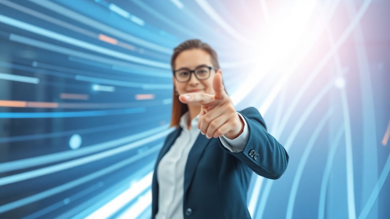 Business professional pointing at glowing digital interface for Google Ads.