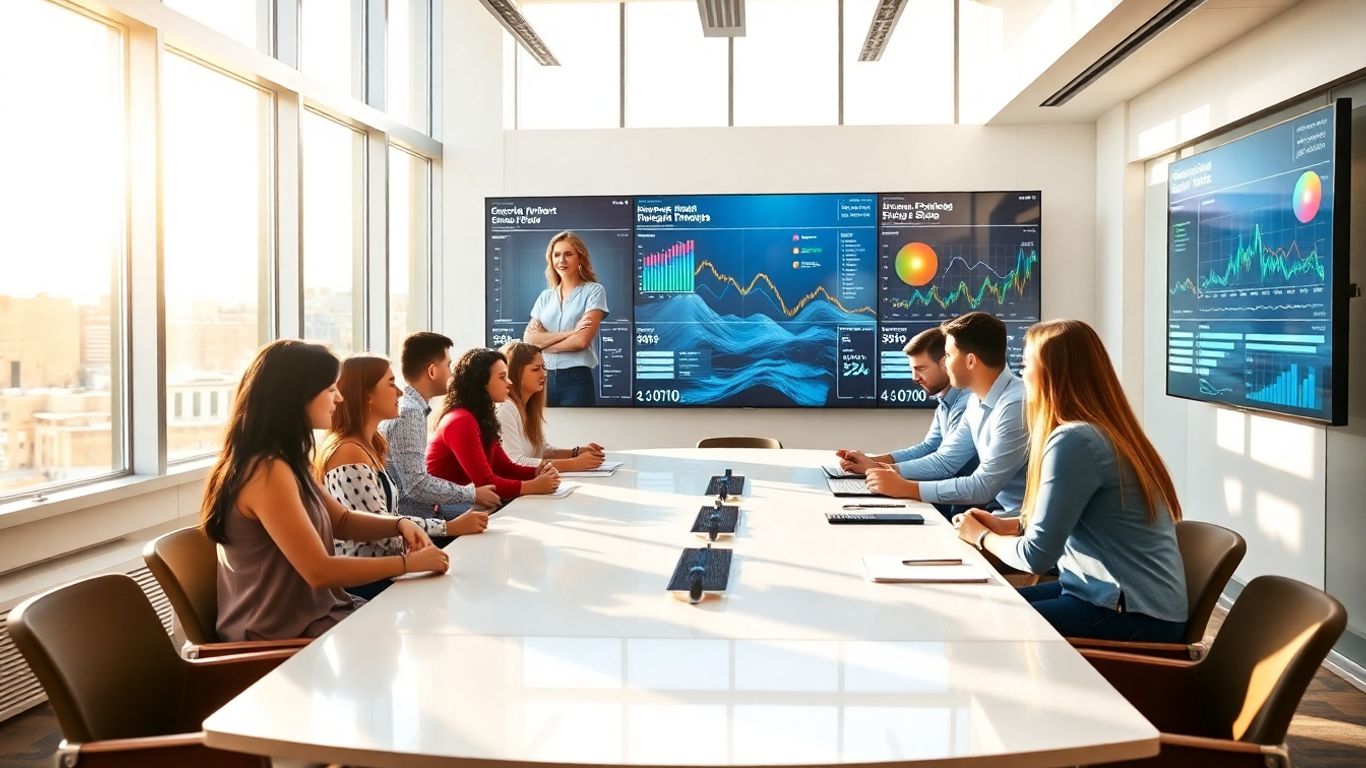 Team collaborating in a modern office with digital displays.