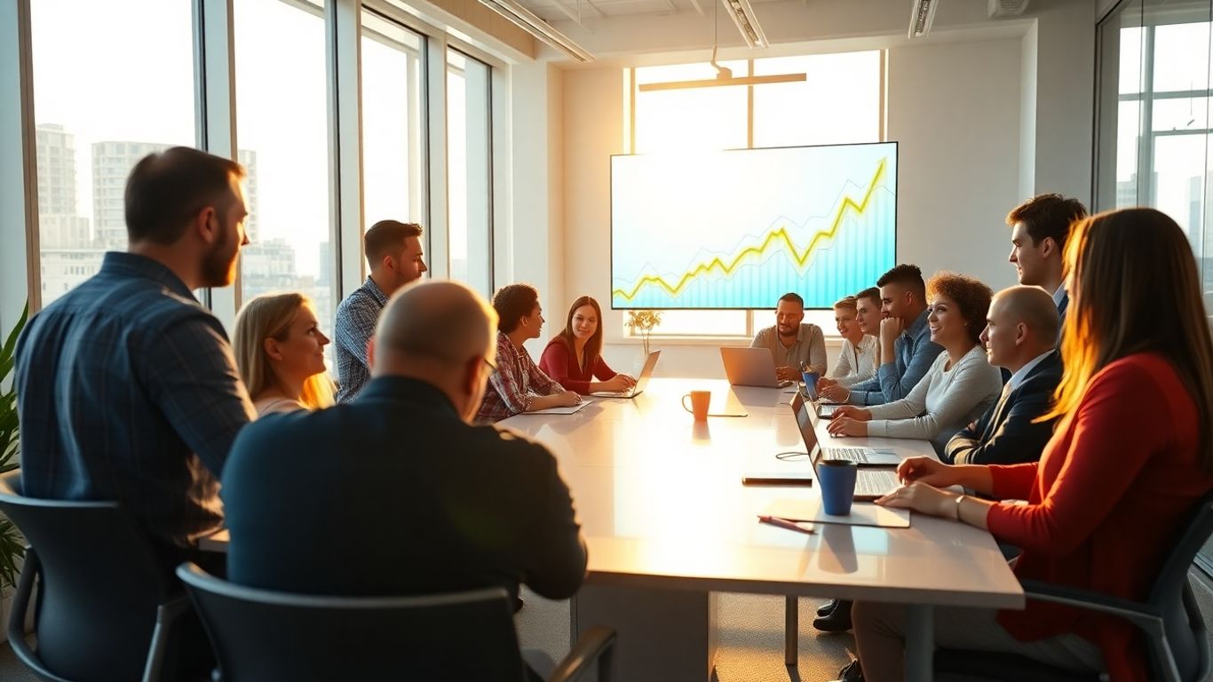 Team collaborating in a modern office with digital screens.