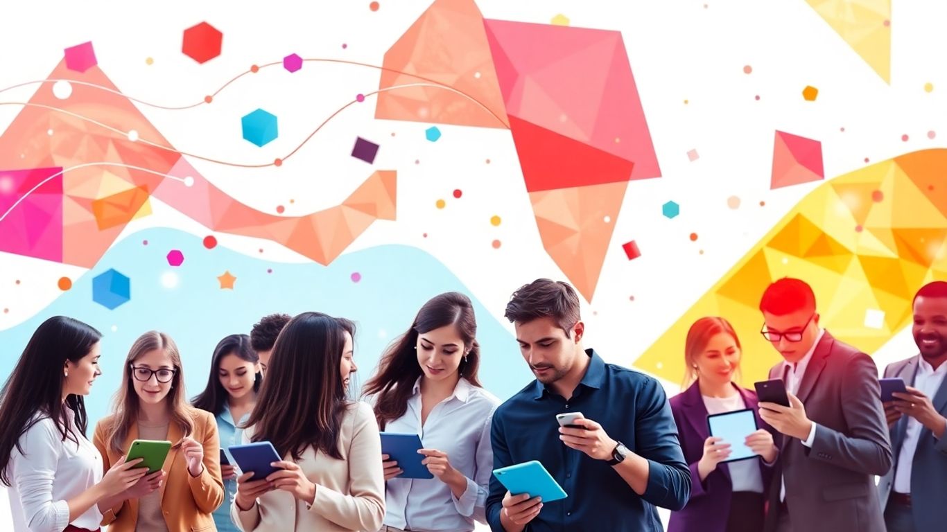 Diverse people using devices, abstract data flow shapes.