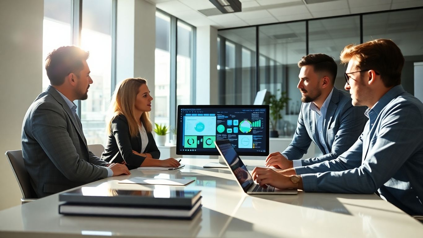 Team planning Facebook ads strategy in modern office.