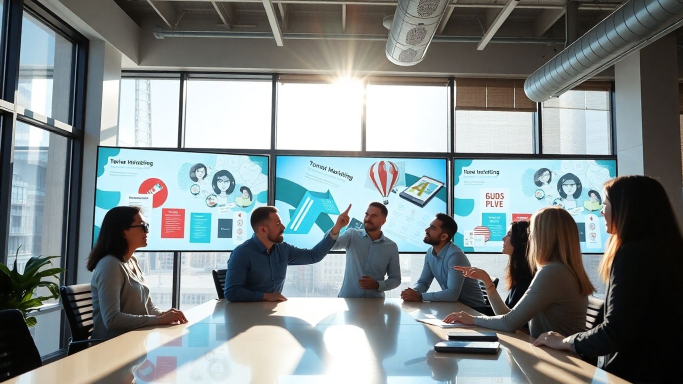 Team collaborating on Facebook ads strategy in modern office.