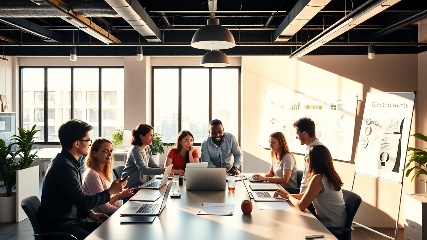 Team collaborating on Facebook ads strategy in modern office.