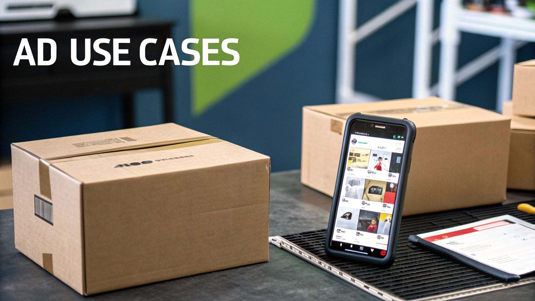 A marketing team collaborating around a desk, with screens showing ad creatives and analytics dashboards, representing the practical application of AI in advertising.