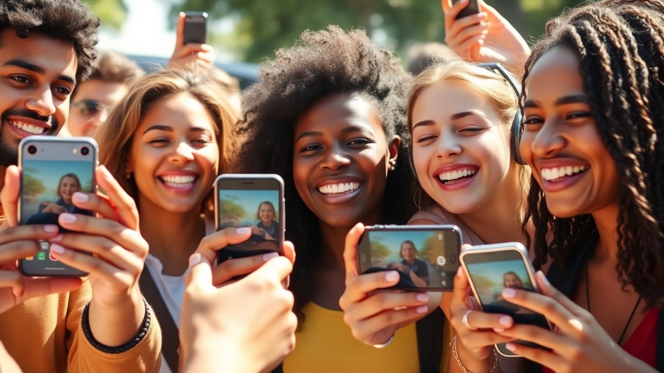 People filming videos on smartphones, smiling and outdoors.