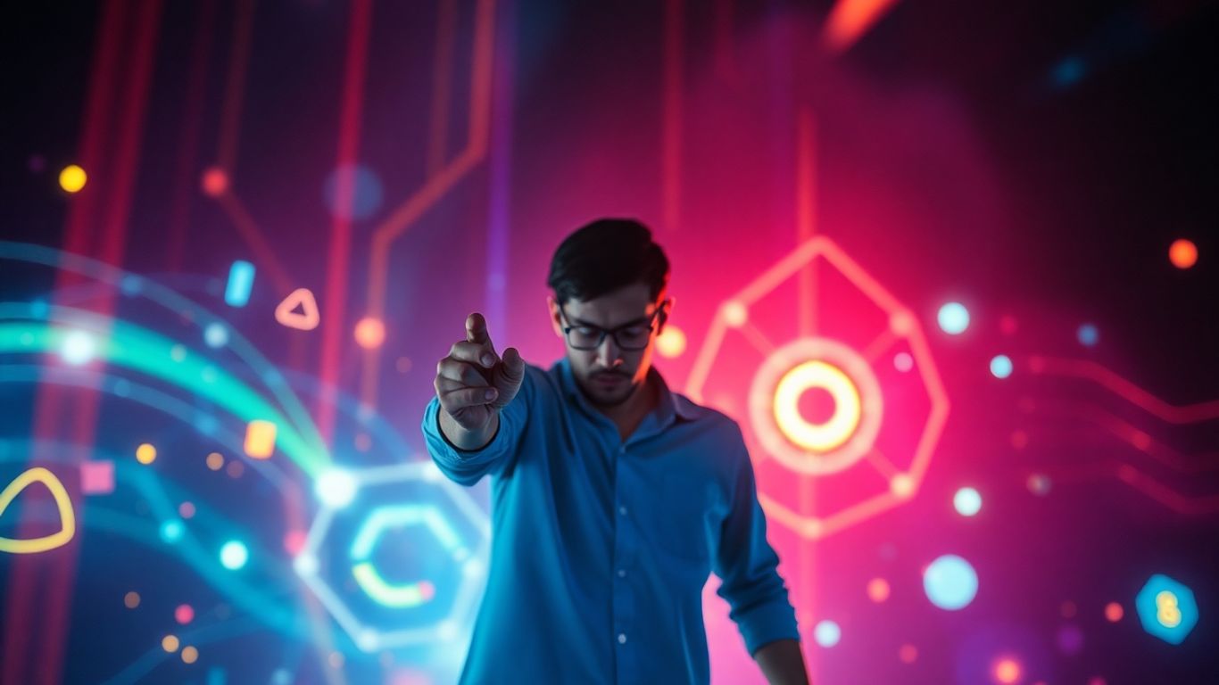 AI video creation interface with glowing digital elements.