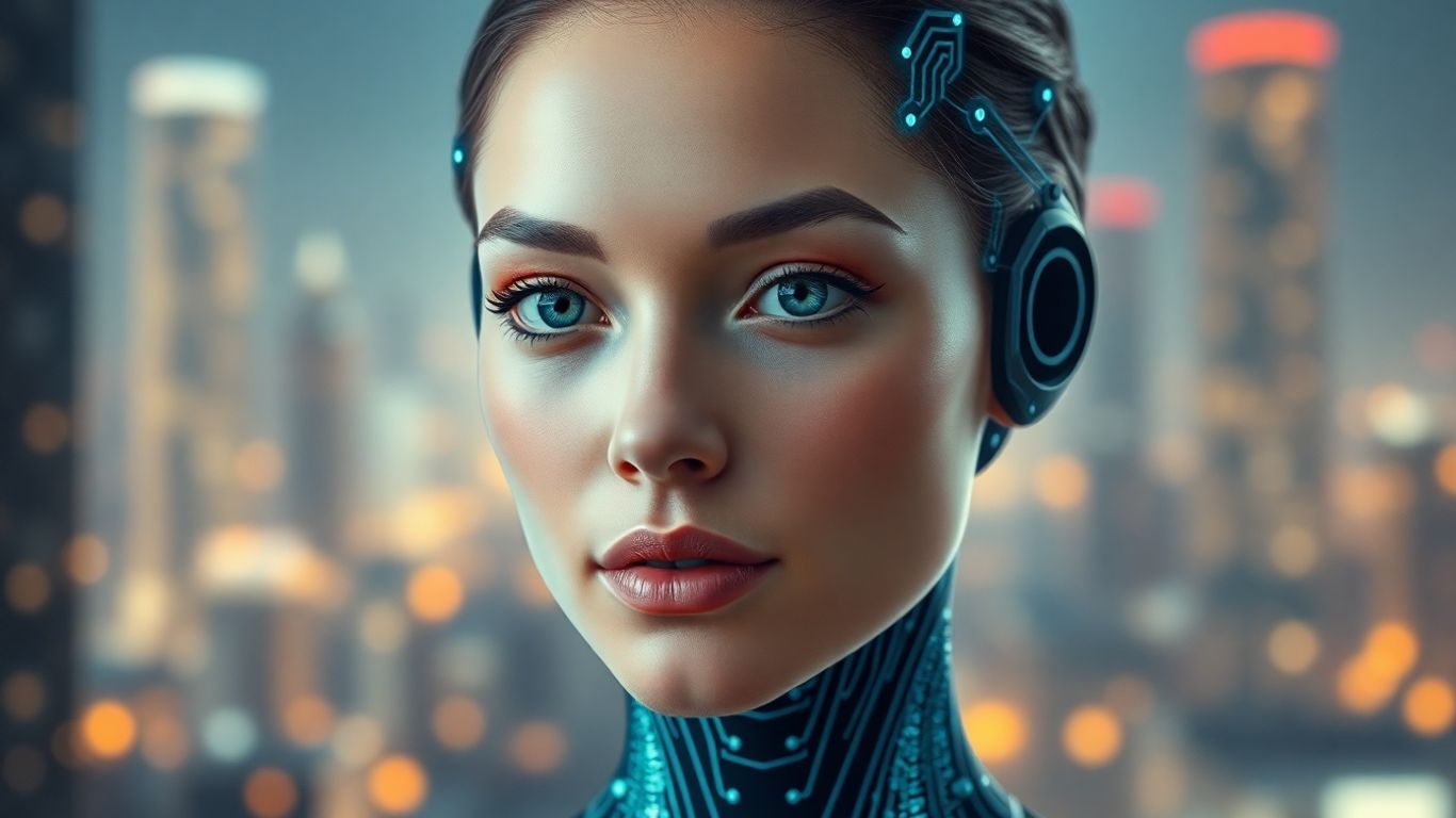 AI influencer with digital circuitry in a futuristic city.