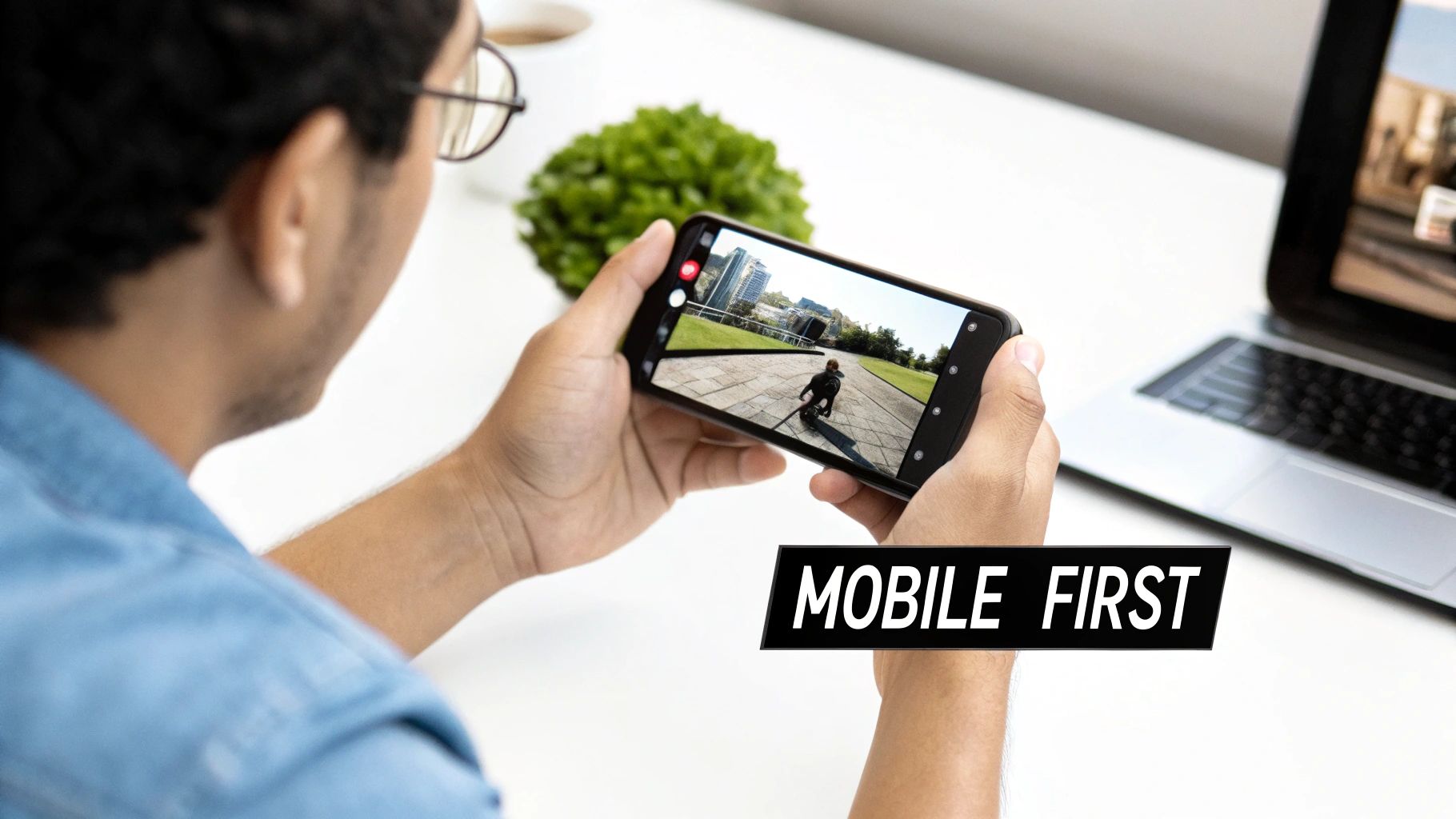 Professional watching mobile video content on smartphone demonstrating mobile first approach at desk