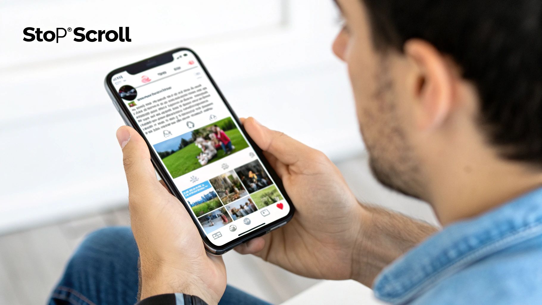 Man holding smartphone viewing social media feed with photos and text content