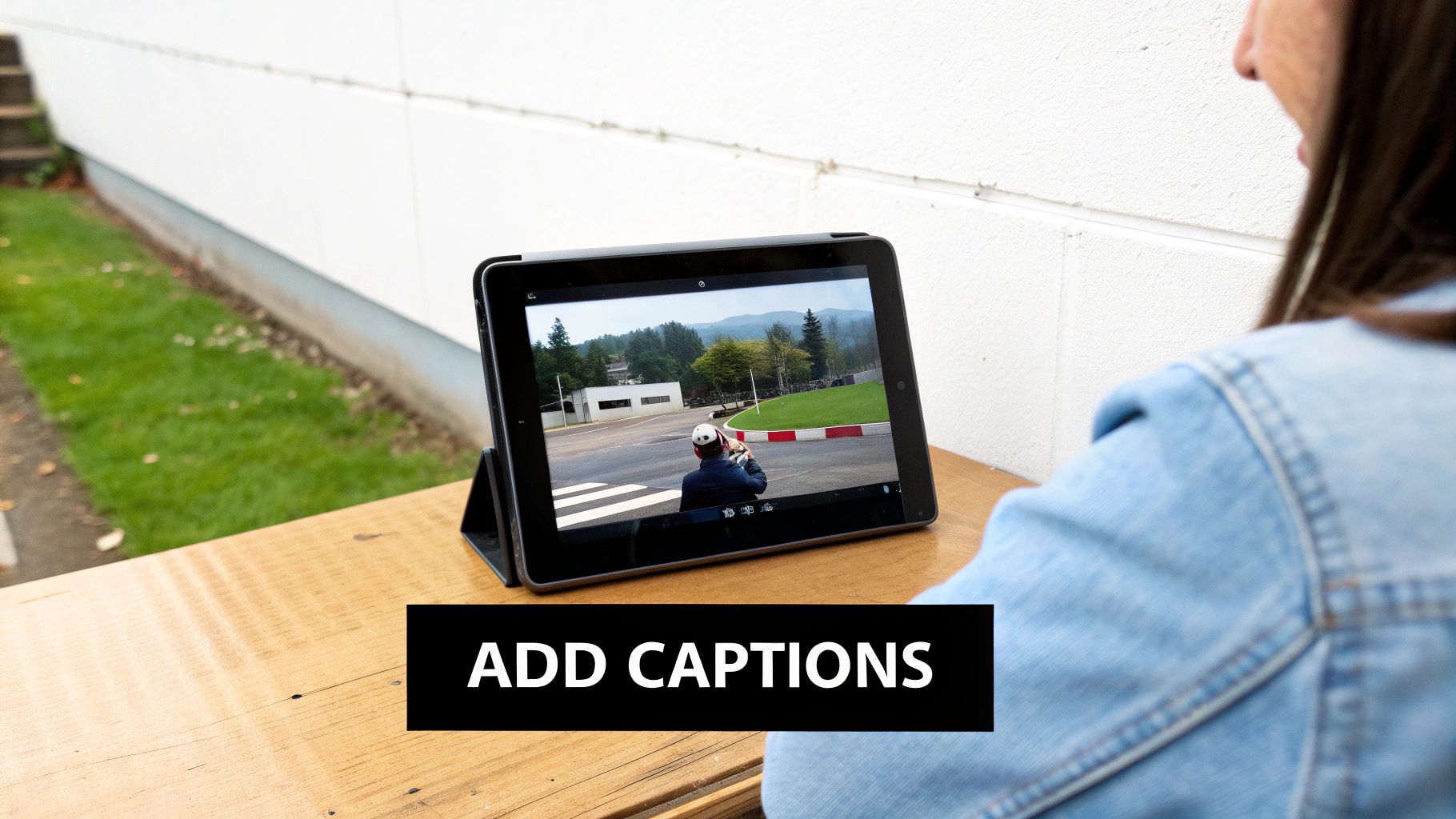 Person watching video with captions on tablet device outdoors at wooden table