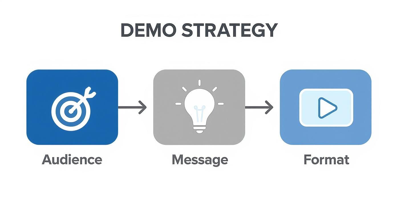 Demo strategy workflow diagram showing three steps: audience targeting, message development, and video format selection