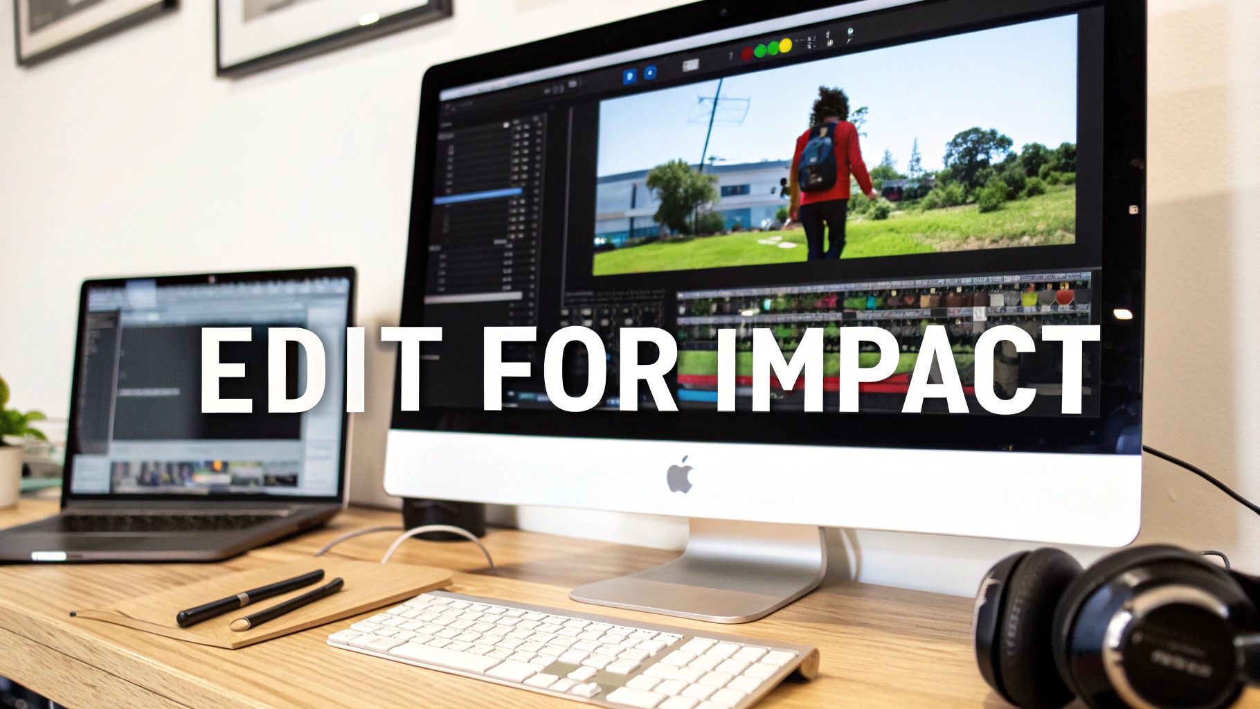 Video editing workspace with computer monitors displaying editing software for creating impactful content