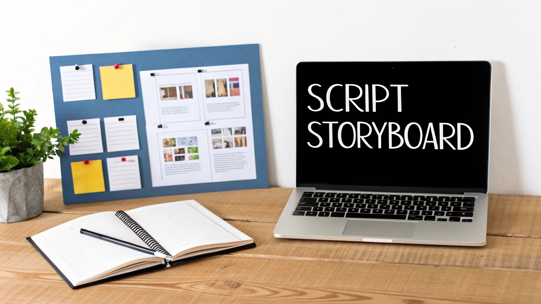 Laptop displaying script storyboard text beside bulletin board with planning materials and notebook
