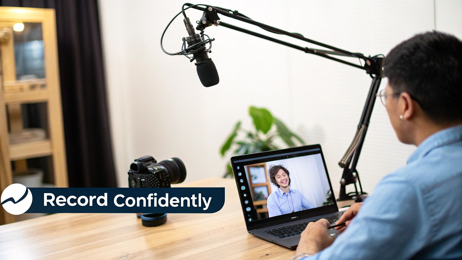 Professional home studio setup with boom microphone, camera, and laptop for recording product demo videos